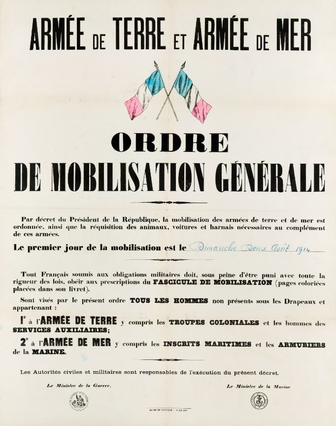 Affiche Armée de Terre et Armée de Mer - Ordre de mobilisation générale pour le dimanche 2 août 1914