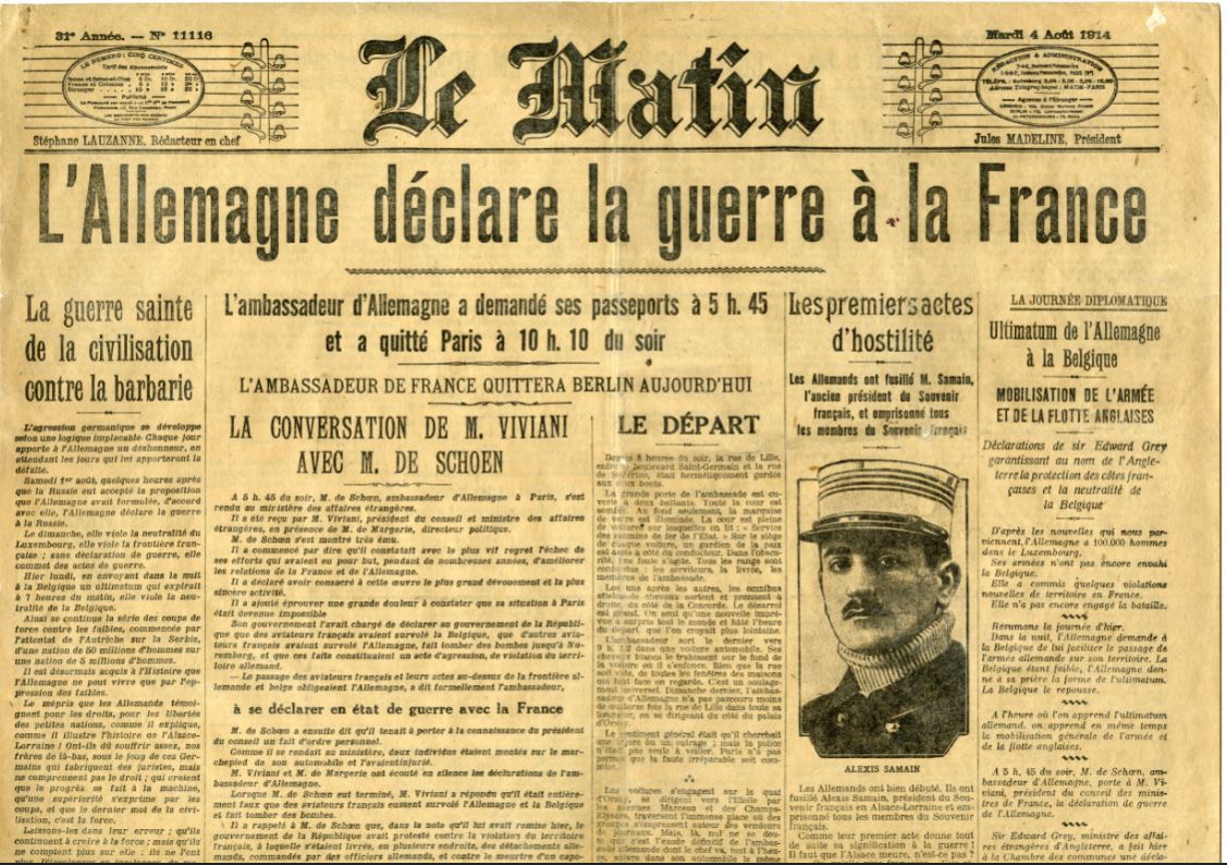 Une du journal "Le Matin" du 4 août 1914 : "L'Allemagne déclare la guerre à la France" 
