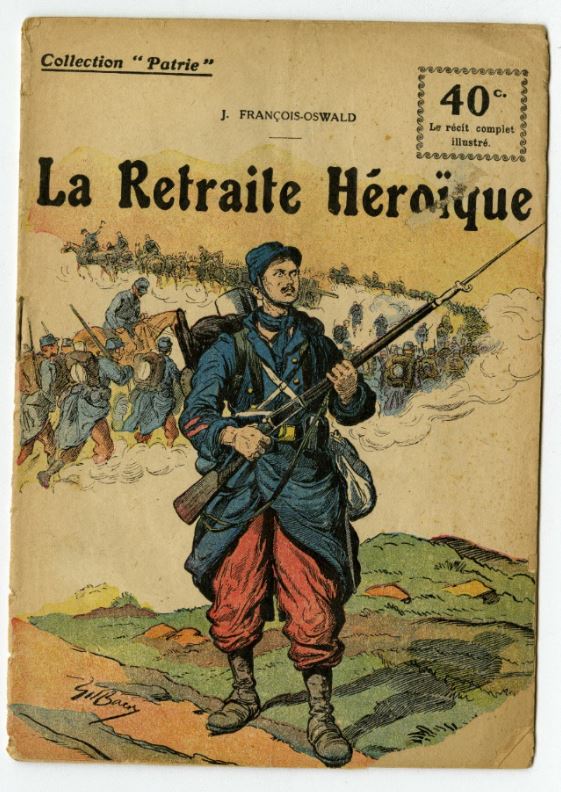 Illustration en premier plan d'un soldat français baillonnette à la main. A l'arrière plan les soldats français battent en retraite.