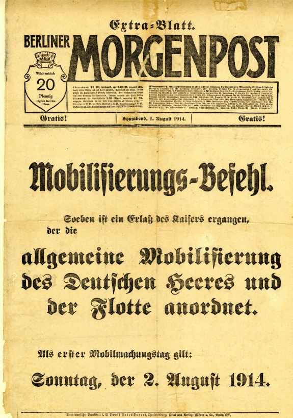 Une du quotidien allemand "Berliner Mogenpost" du 1 août 1914 - Ordre de mobilisation